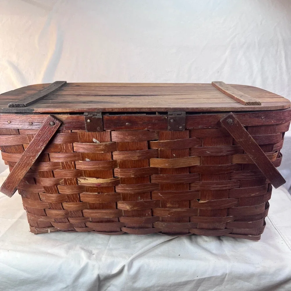Vintage Woven Wood Picnic Basket Dual Handles Hinged Slatted Lid Large Rustic
